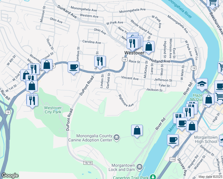 map of restaurants, bars, coffee shops, grocery stores, and more near 127 West Lincoln Avenue in Westover