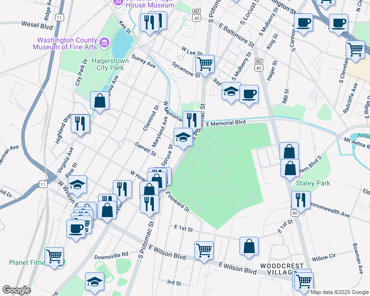 map of restaurants, bars, coffee shops, grocery stores, and more near 701 South Potomac Street in Hagerstown