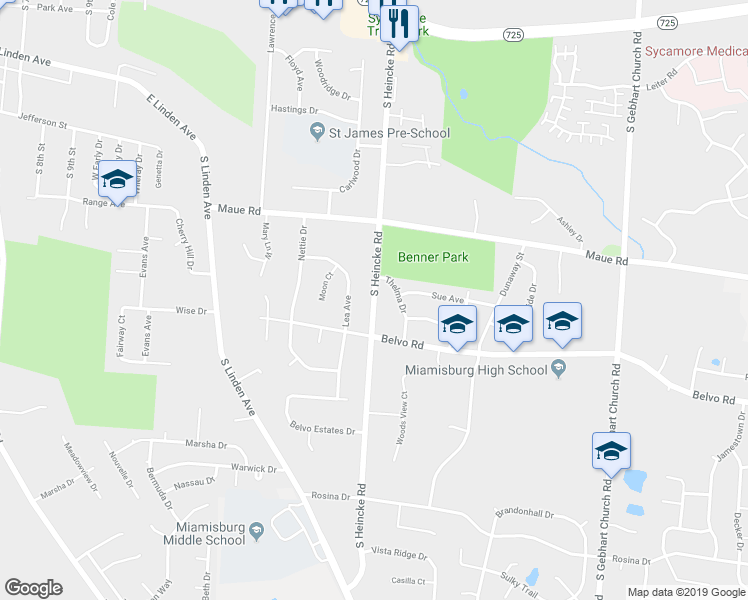 map of restaurants, bars, coffee shops, grocery stores, and more near 831 South Heincke Road in Miamisburg