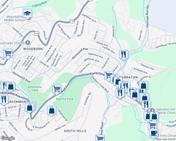 map of restaurants, bars, coffee shops, grocery stores, and more near 1199 Mineral Avenue in Morgantown