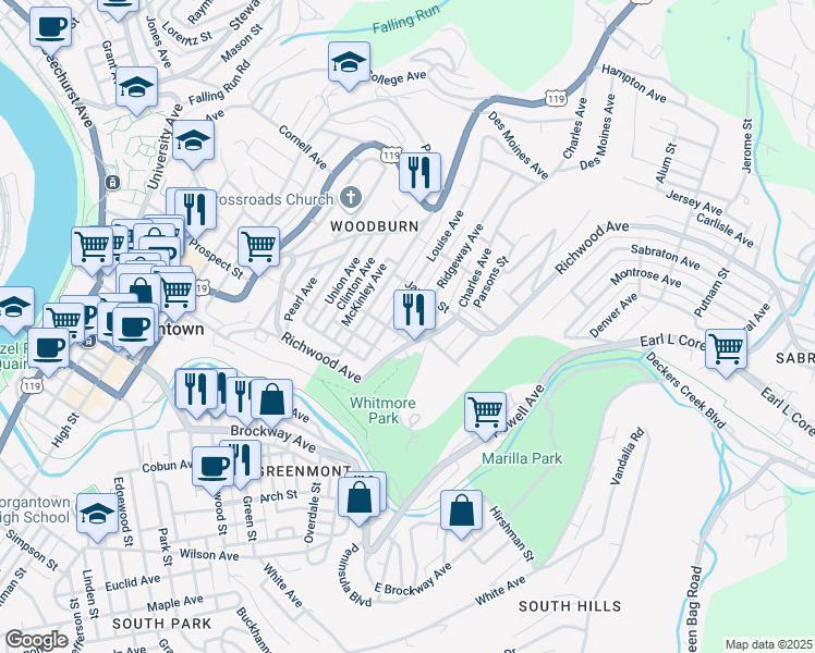 map of restaurants, bars, coffee shops, grocery stores, and more near 706-708 Richwood Avenue in Morgantown