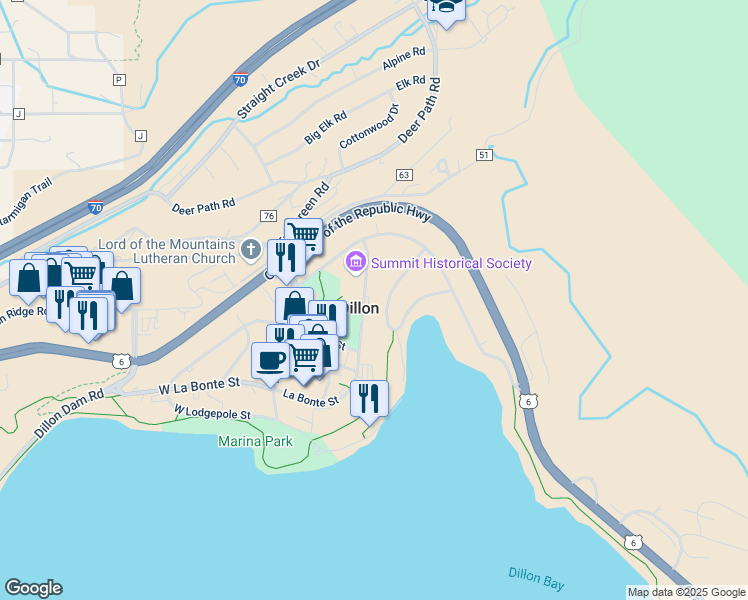 map of restaurants, bars, coffee shops, grocery stores, and more near 500 La Bonte Street in Dillon