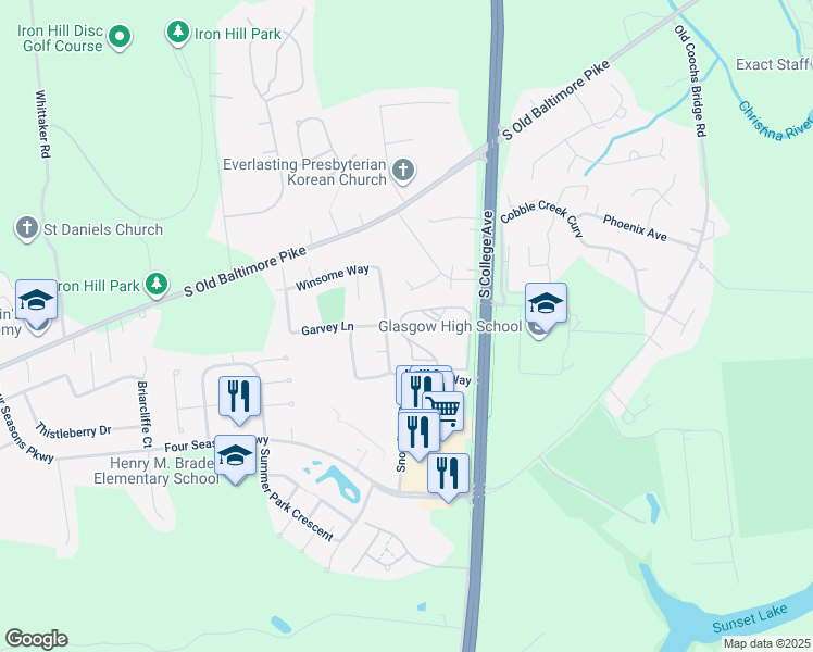 map of restaurants, bars, coffee shops, grocery stores, and more near 2404 Waters Edge Drive in Newark