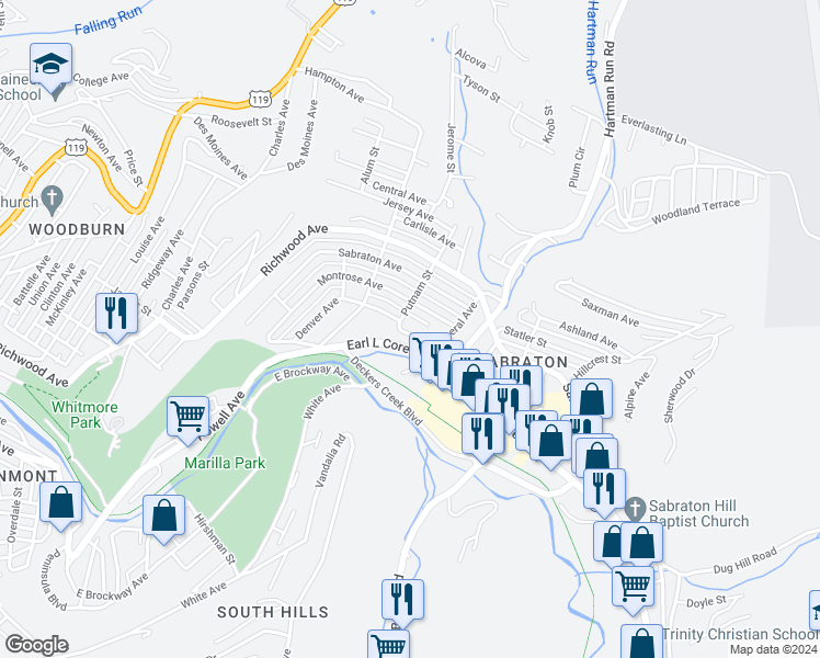 map of restaurants, bars, coffee shops, grocery stores, and more near 1299 Mineral Avenue in Morgantown