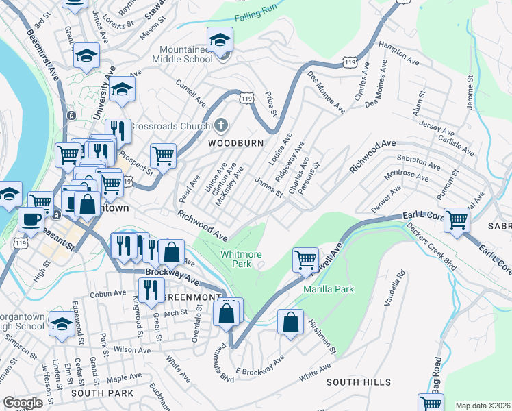 map of restaurants, bars, coffee shops, grocery stores, and more near 706-708 Richwood Avenue in Morgantown