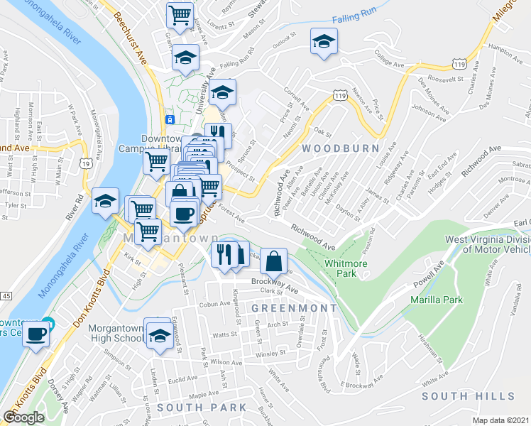 map of restaurants, bars, coffee shops, grocery stores, and more near 455 Pine Street in Morgantown