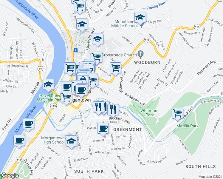 map of restaurants, bars, coffee shops, grocery stores, and more near 408 Forest Avenue in Morgantown
