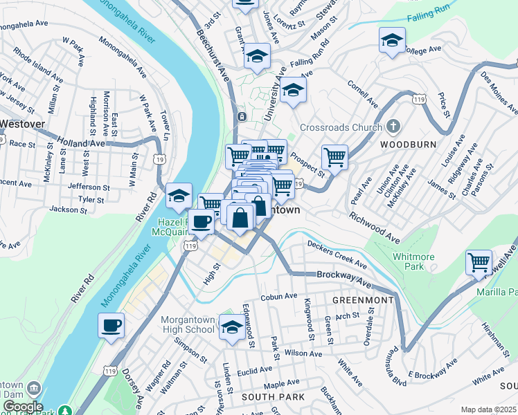 map of restaurants, bars, coffee shops, grocery stores, and more near in Morgantown