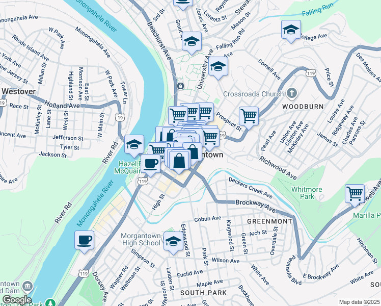 map of restaurants, bars, coffee shops, grocery stores, and more near in Morgantown