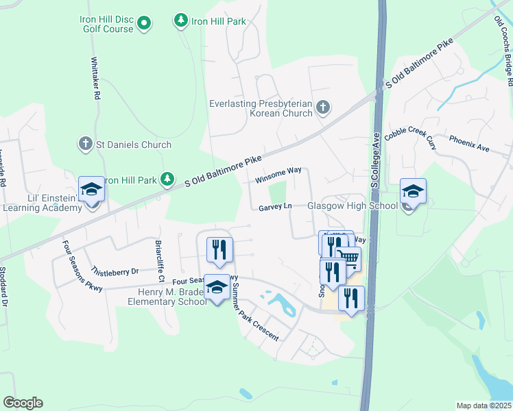 map of restaurants, bars, coffee shops, grocery stores, and more near 25 Garvey Lane in Newark