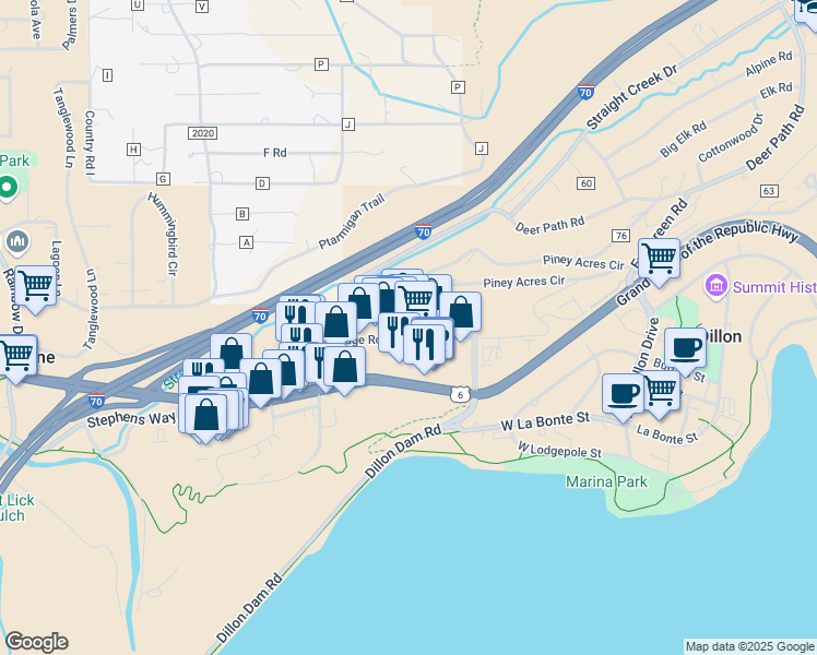 map of restaurants, bars, coffee shops, grocery stores, and more near 330 Eastridge Drive in Dillon