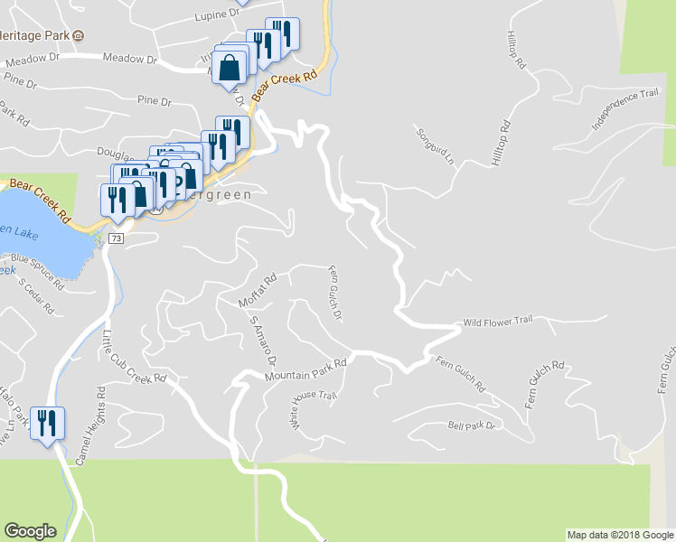 map of restaurants, bars, coffee shops, grocery stores, and more near 27661 Fern Gulch Drive in Evergreen
