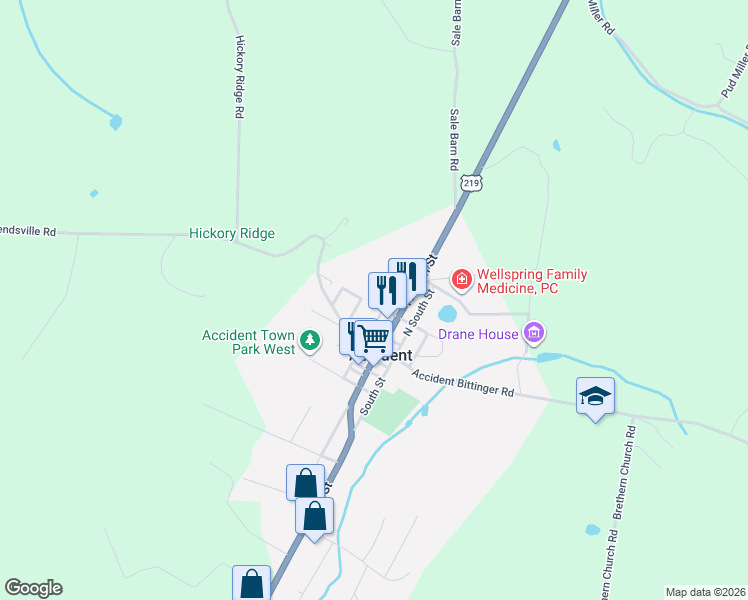 map of restaurants, bars, coffee shops, grocery stores, and more near 108 North North Street in Accident