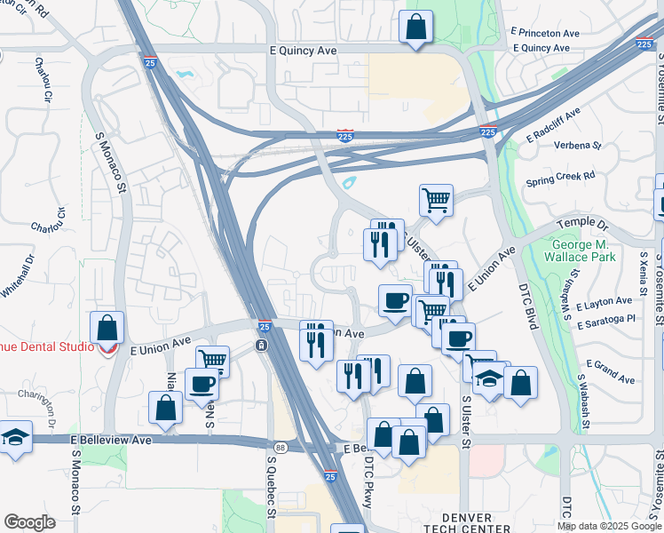 map of restaurants, bars, coffee shops, grocery stores, and more near Unnamed Road in Denver