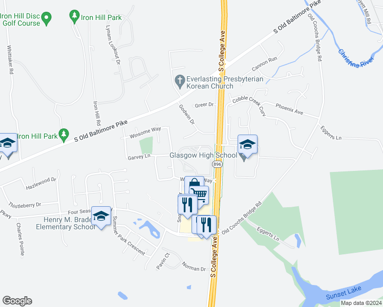 map of restaurants, bars, coffee shops, grocery stores, and more near 1508 Waters Edge Drive in Newark