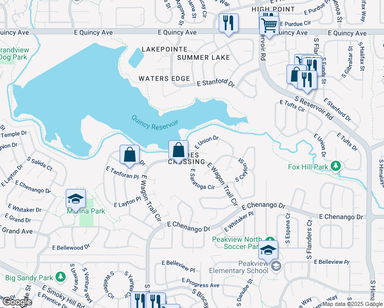 map of restaurants, bars, coffee shops, grocery stores, and more near 18806 East Saratoga Circle in Aurora