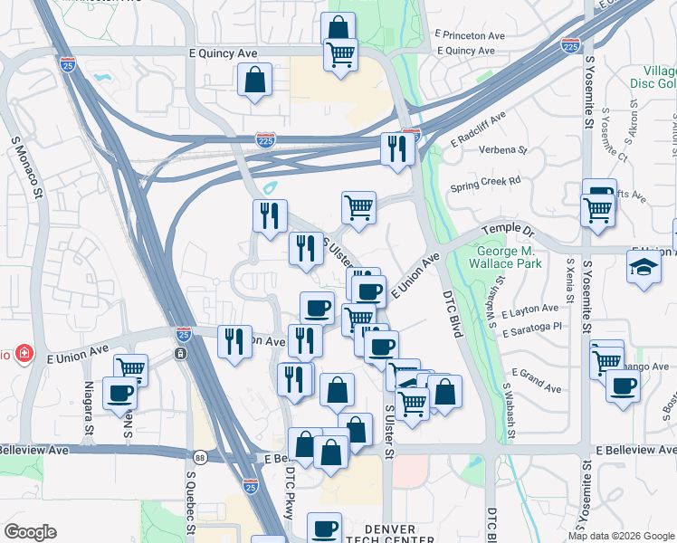 map of restaurants, bars, coffee shops, grocery stores, and more near 4363 South Ulster Street in Denver