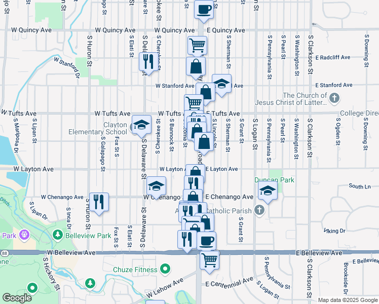 map of restaurants, bars, coffee shops, grocery stores, and more near 4785 South Acoma Street in Englewood