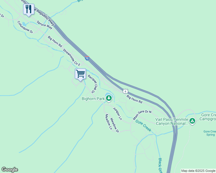 map of restaurants, bars, coffee shops, grocery stores, and more near 4800 Meadow Drive in Vail