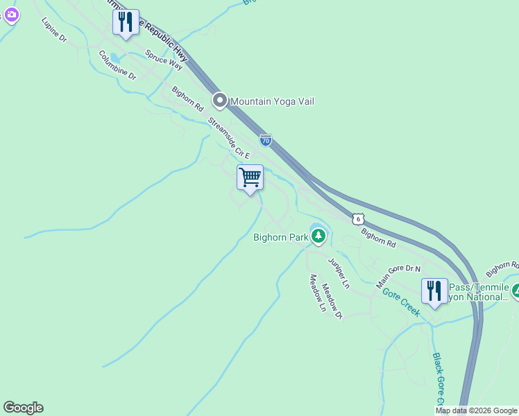 map of restaurants, bars, coffee shops, grocery stores, and more near 4552 Meadow Drive in Vail