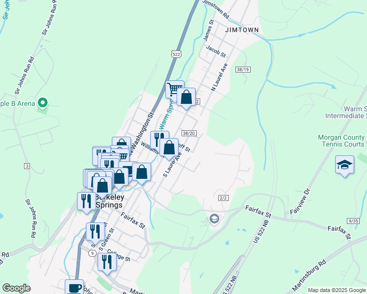 map of restaurants, bars, coffee shops, grocery stores, and more near 306 Goff Street in Berkeley Springs