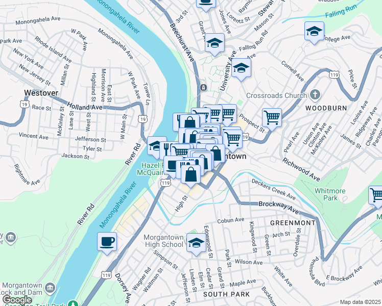 map of restaurants, bars, coffee shops, grocery stores, and more near 223 Chestnut Street in Morgantown
