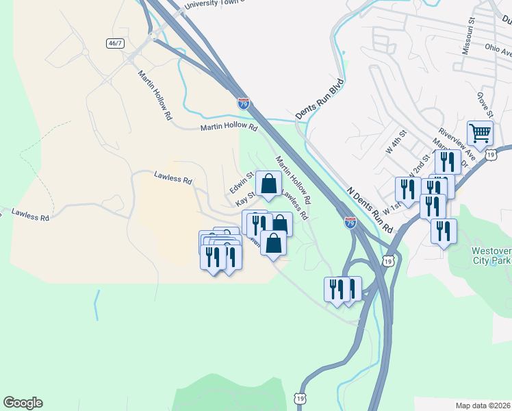 map of restaurants, bars, coffee shops, grocery stores, and more near 259 Lawless Road in Morgantown