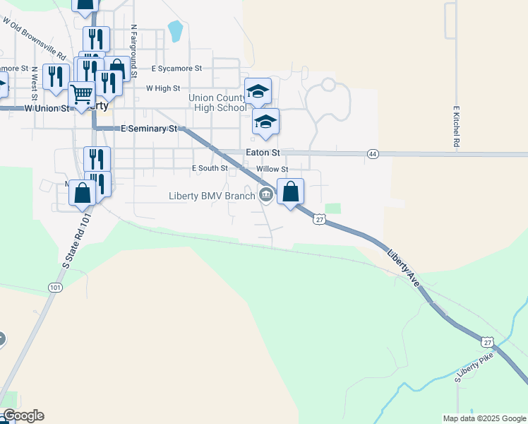 map of restaurants, bars, coffee shops, grocery stores, and more near South Independence Lane in Liberty