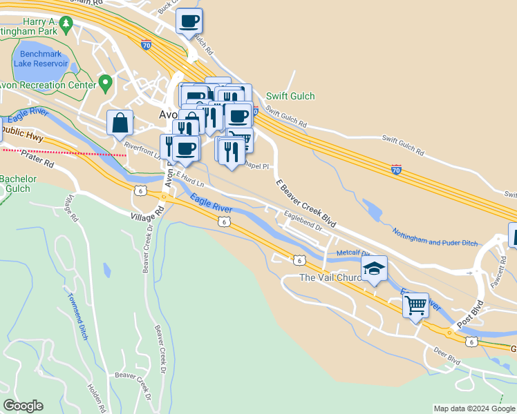 map of restaurants, bars, coffee shops, grocery stores, and more near 0400 East Hurd Lane in Avon