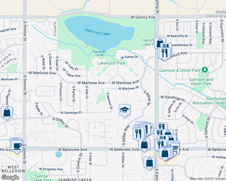 map of restaurants, bars, coffee shops, grocery stores, and more near 10514 West Marlowe Place in Littleton