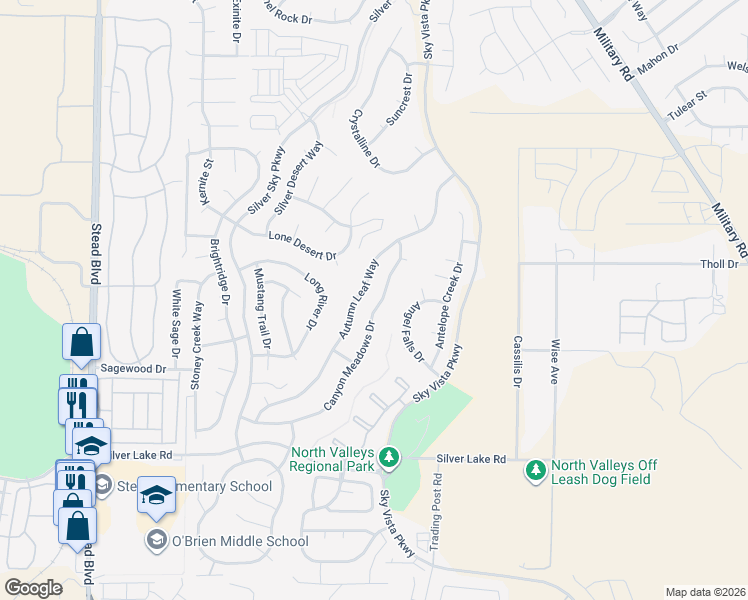map of restaurants, bars, coffee shops, grocery stores, and more near 9652 Canyon Meadows Drive in Reno