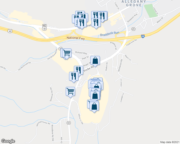 map of restaurants, bars, coffee shops, grocery stores, and more near 1270 Vocke Road in La Vale