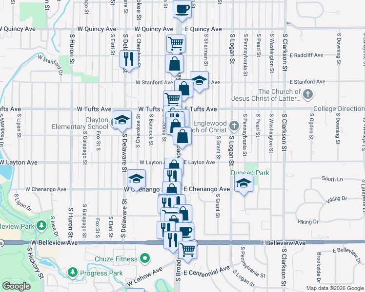 map of restaurants, bars, coffee shops, grocery stores, and more near 4775 South Broadway in Englewood