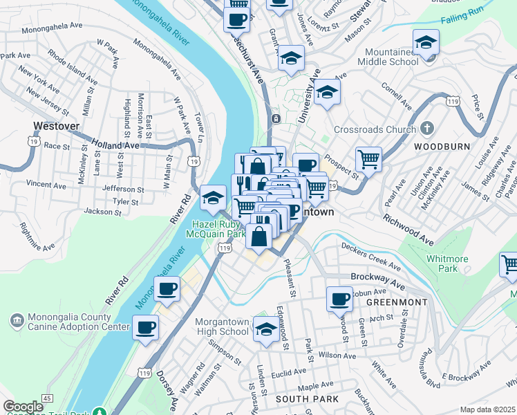 map of restaurants, bars, coffee shops, grocery stores, and more near 223 Chestnut Street in Morgantown