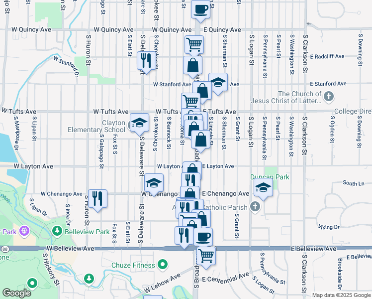 map of restaurants, bars, coffee shops, grocery stores, and more near 4785 South Acoma Street in Englewood