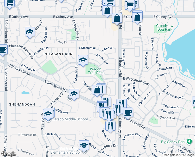 map of restaurants, bars, coffee shops, grocery stores, and more near 19875 East Wagontrail Drive in Aurora