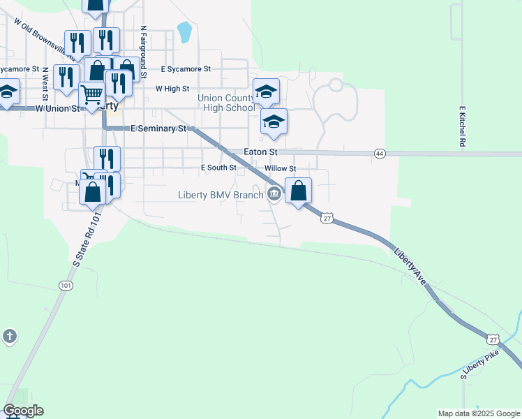 map of restaurants, bars, coffee shops, grocery stores, and more near 400 South Independence Lane in Liberty