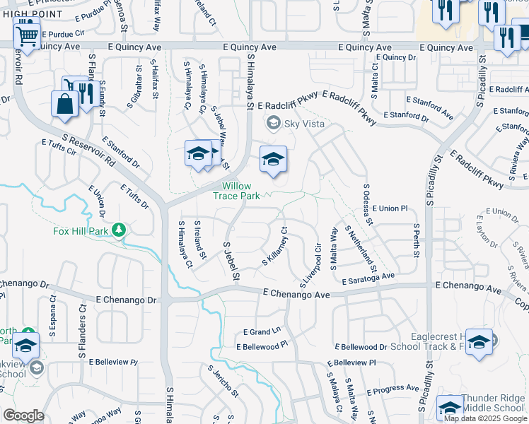 map of restaurants, bars, coffee shops, grocery stores, and more near 20534 East Union Circle in Aurora
