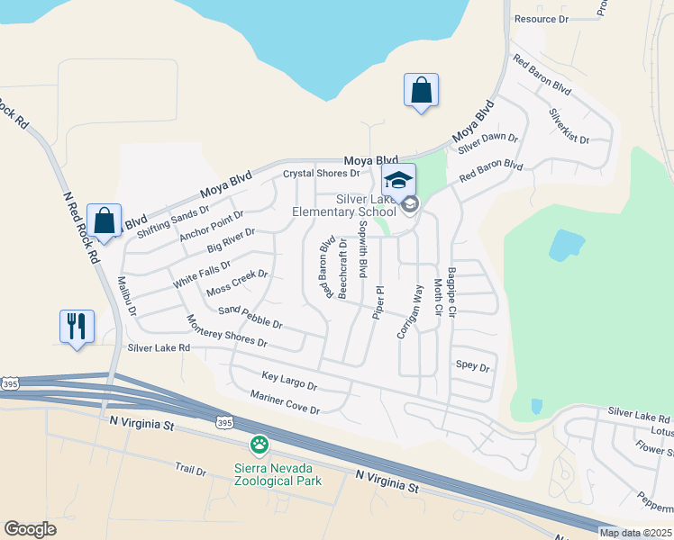 map of restaurants, bars, coffee shops, grocery stores, and more near 8631 Beechcraft Drive in Reno