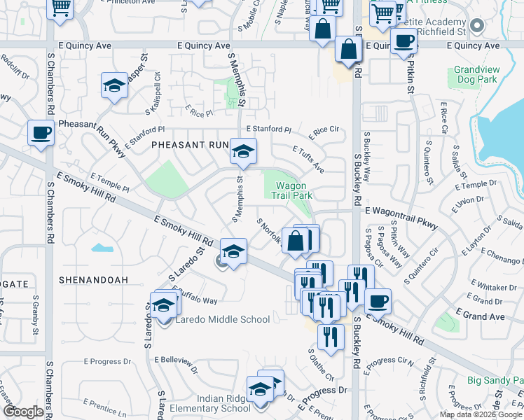 map of restaurants, bars, coffee shops, grocery stores, and more near 4757 South Norfolk Street in Aurora