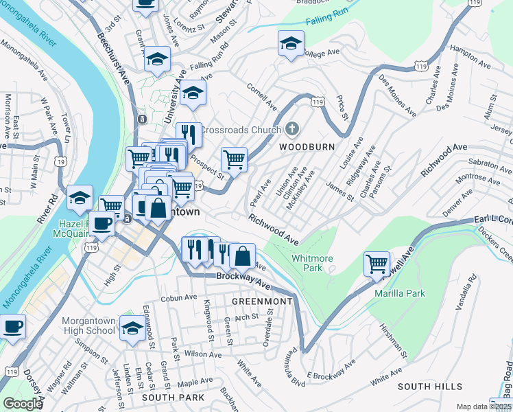 map of restaurants, bars, coffee shops, grocery stores, and more near 321 Richwood Avenue in Morgantown