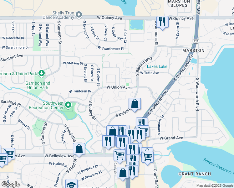 map of restaurants, bars, coffee shops, grocery stores, and more near 8448 West Union Avenue in Littleton