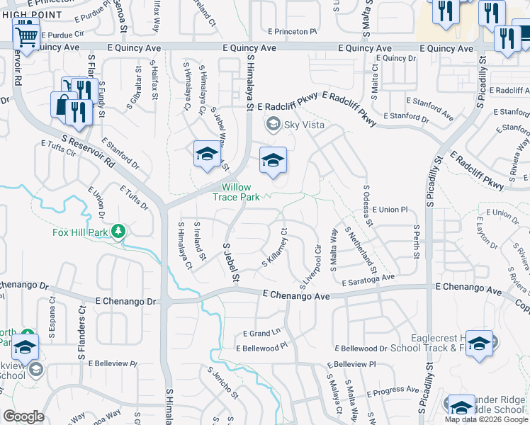 map of restaurants, bars, coffee shops, grocery stores, and more near 20534 East Union Circle in Aurora