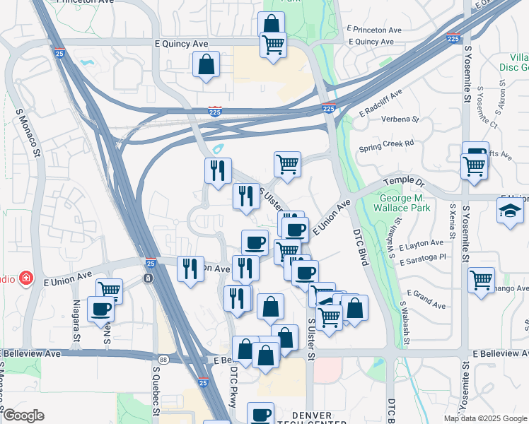 map of restaurants, bars, coffee shops, grocery stores, and more near 7800 E Tufts Ave in Denver
