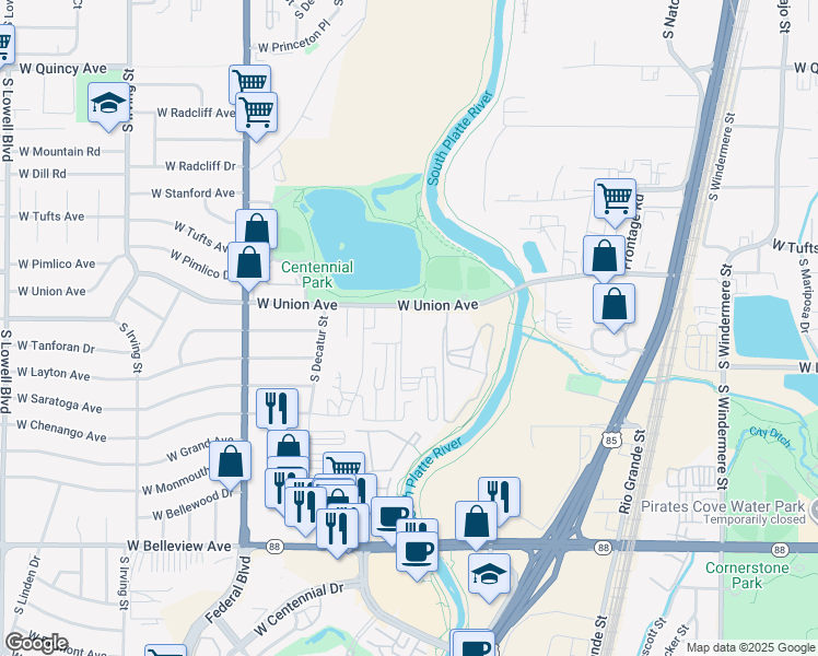 map of restaurants, bars, coffee shops, grocery stores, and more near 2650 West Union Avenue in Englewood