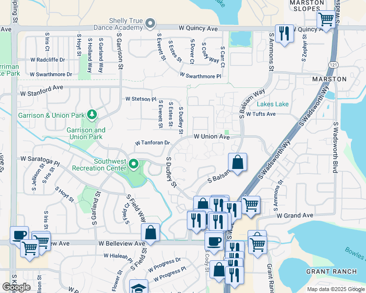 map of restaurants, bars, coffee shops, grocery stores, and more near 20 South Dudley Street in Denver