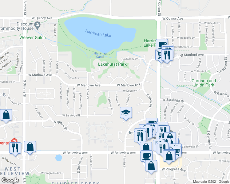 map of restaurants, bars, coffee shops, grocery stores, and more near 4764 South Moore Street in Littleton
