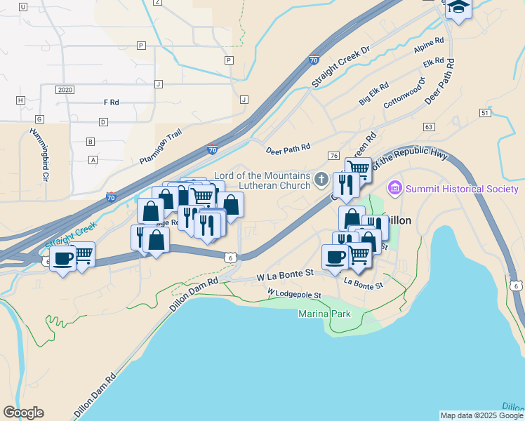map of restaurants, bars, coffee shops, grocery stores, and more near 5 Lookout Ridge Drive in Dillon