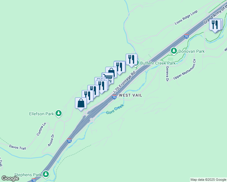map of restaurants, bars, coffee shops, grocery stores, and more near 2131 North Frontage Road West in Vail