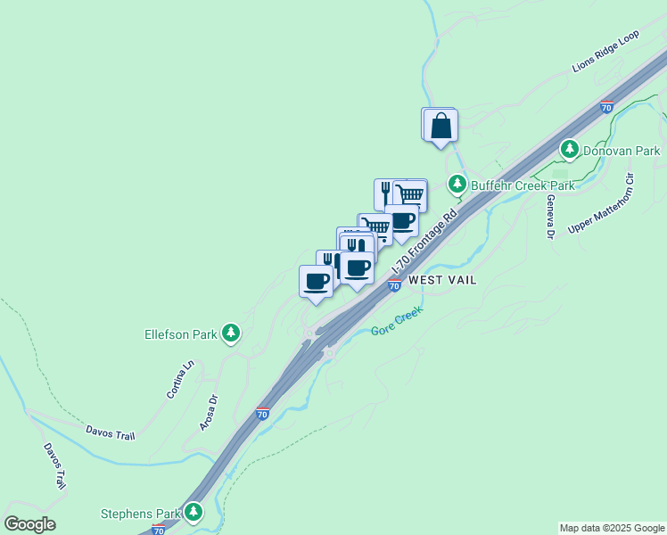 map of restaurants, bars, coffee shops, grocery stores, and more near 2211 North Frontage Road West in Vail